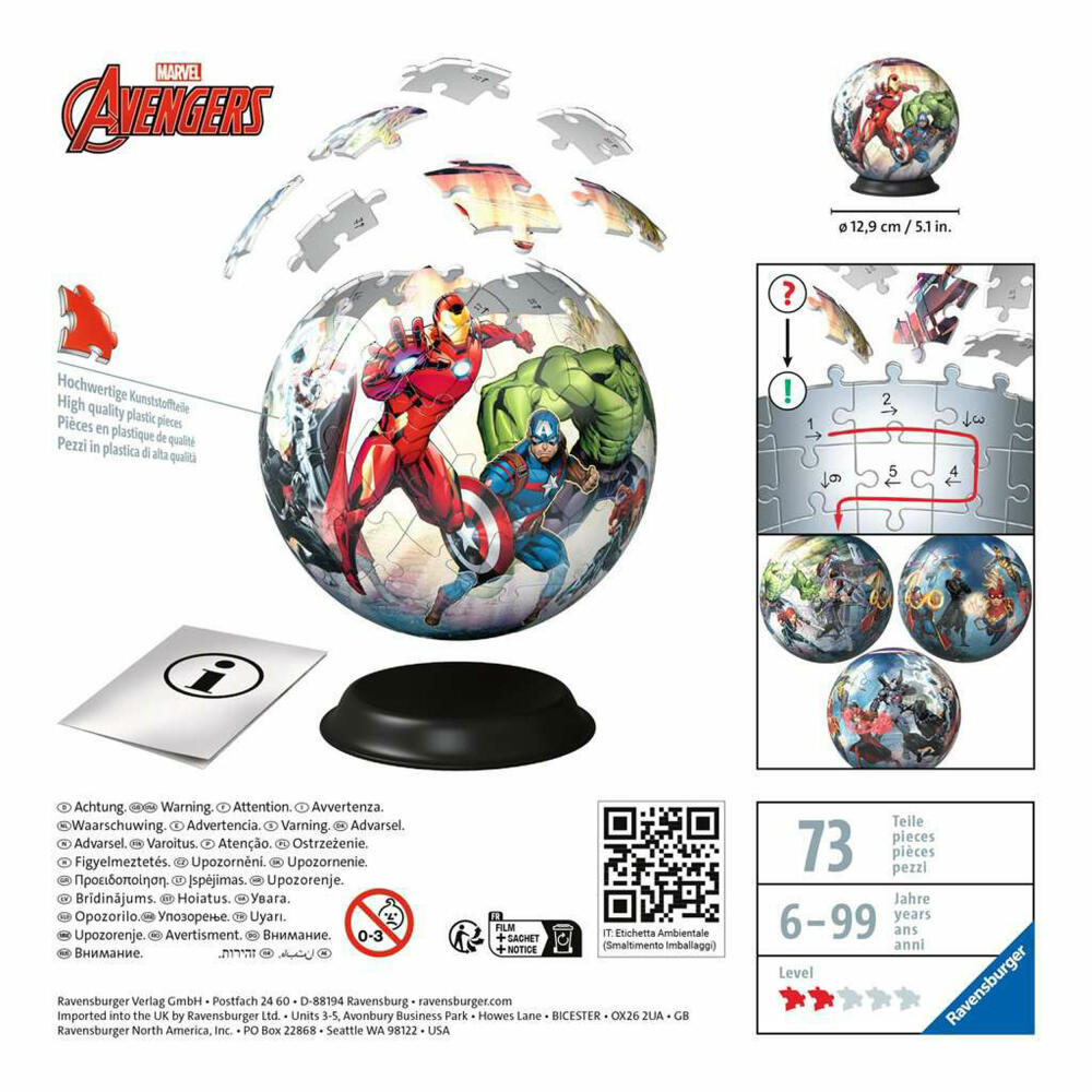 Ravensburger 3D Puzzle Ball Marvel Avengers, three-dimensional puzzle, 72 pieces, 11496