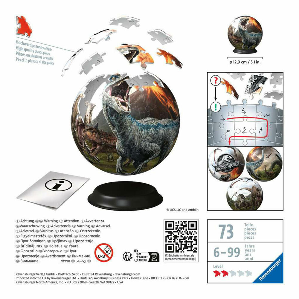 Ravensburger 3D Puzzle Ball Puzzle Ball Jurassic World, three-dimensional puzzle, 72 pieces, 11757