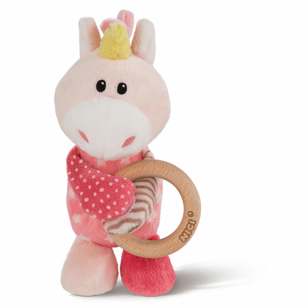 NICI Einhorn Stupsi Greifling mit Holzring, Kleinkindspiel, Kinder Spiel, Baby Spielzeug, Plüsch / Polyester, Rosa, 15 cm, 43653