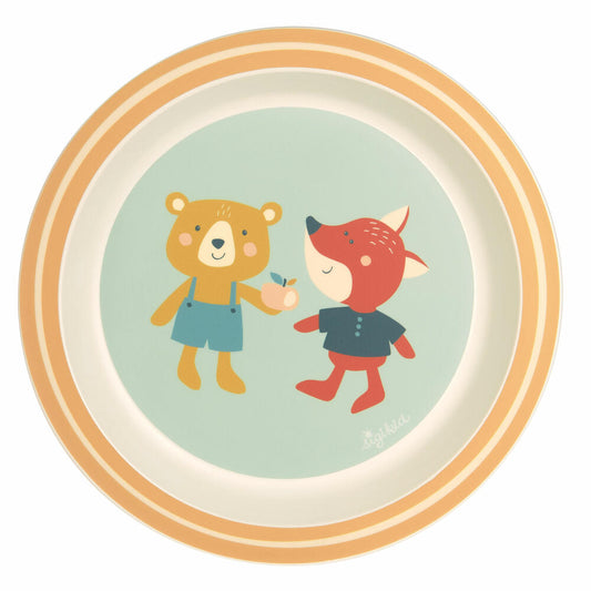 sigikid 4 Friends Plate Bear and Fox Yellow, Children's Plate, Dinner Plate, Children's Tableware, rPET, Turquoise, Ø 21.5 cm, 25360