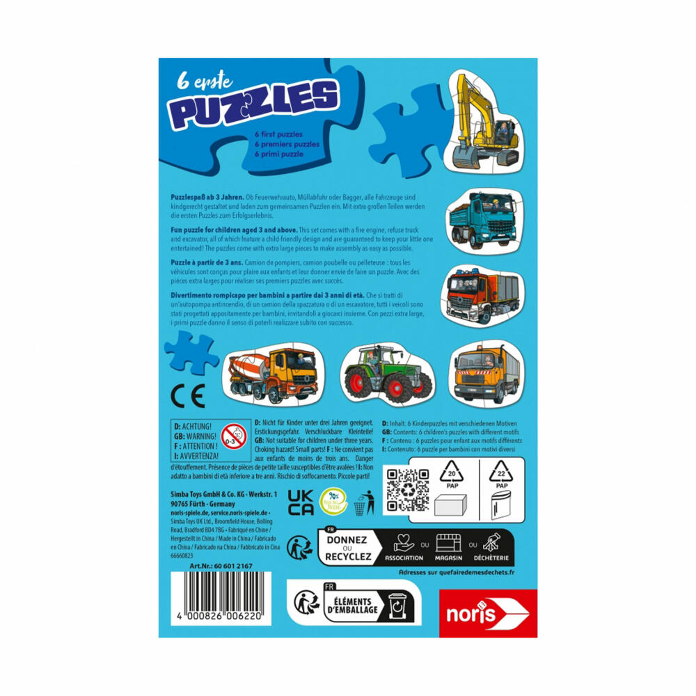 Noris 6 erste Puzzles - Fahrzeuge, Kinderpuzzle, Kinder Puzzle, Legespiel, ab 3 Jahren, 606012167