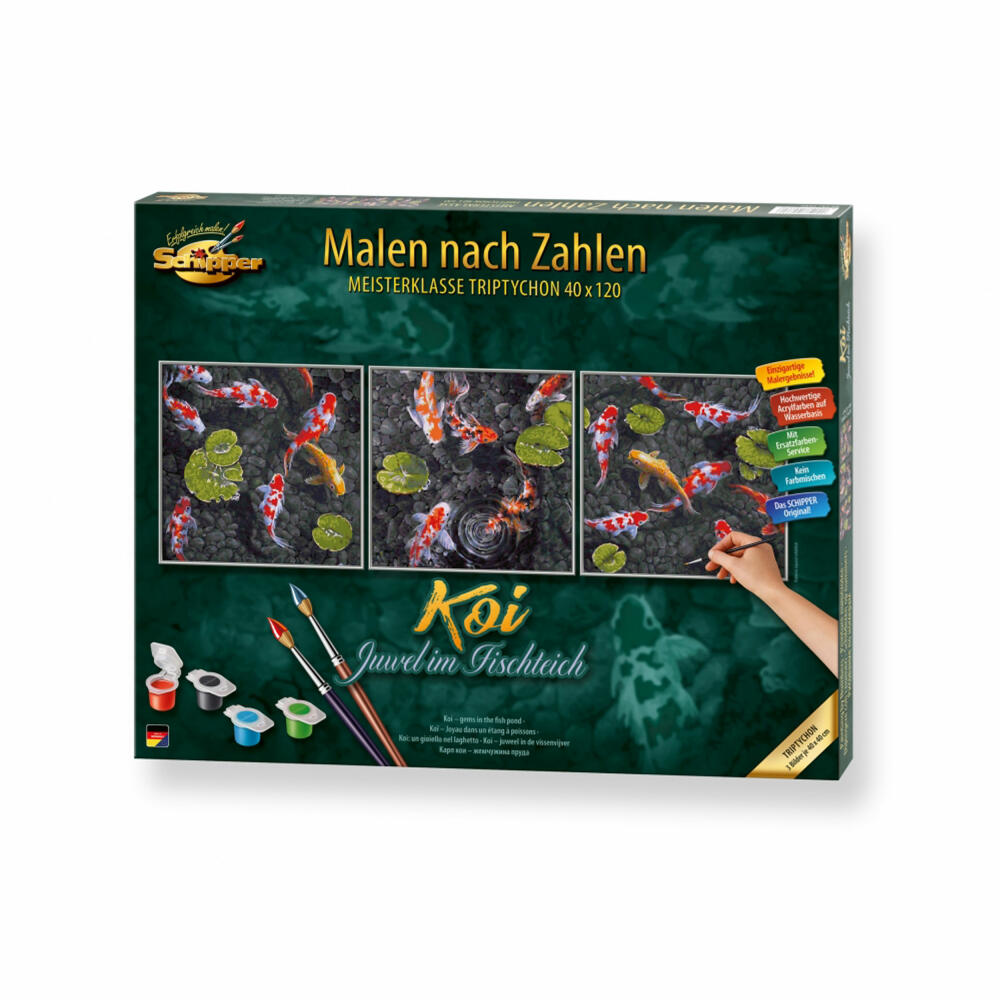 Schipper Painting by Numbers Koi - Jewel in the Fish Pond, Master Class Triptych, Coloring Page, Mural, 609470860