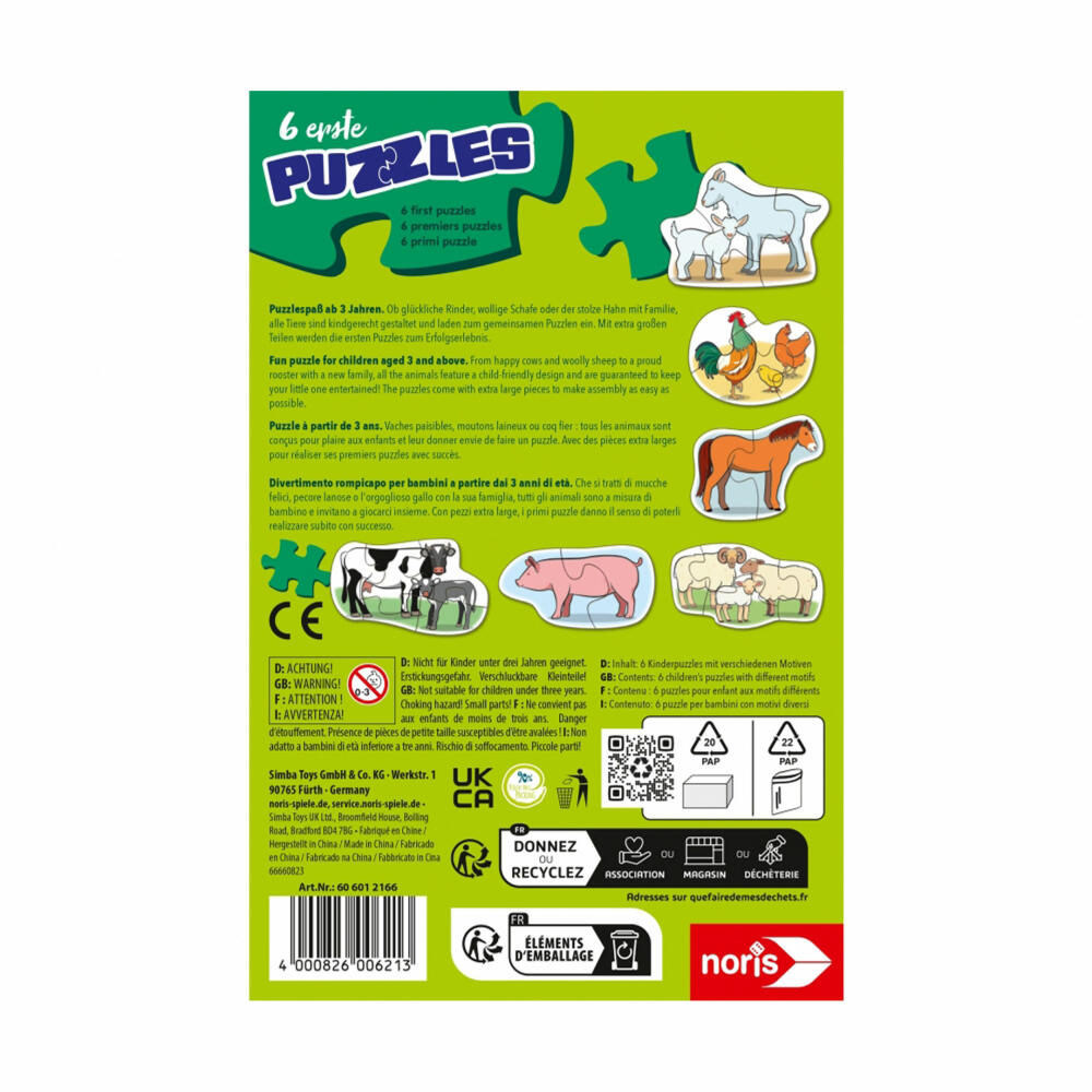 Noris 6 erste Puzzles - Bauernhoftiere, Kinderpuzzle, Kinder Puzzle, Legespiel, ab 3 Jahren, 606012166