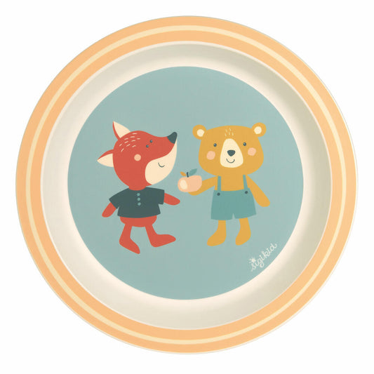 sigikid 4 Friends Plate Fox and Bear Yellow, Children's Plate, Dinner Plate, Children's Tableware, rPET, Blue, Ø 21.5 cm, 25354