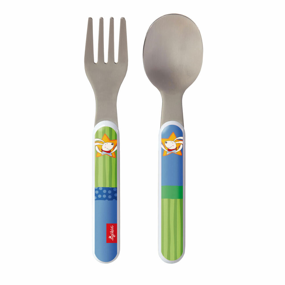sigikid Besteckset Racing Rabbit, 2-tlg., Löffel, Gabel, Kinderbesteck, Hase, Rostfreier Stahl / ABS, Blau / Grün, 24873