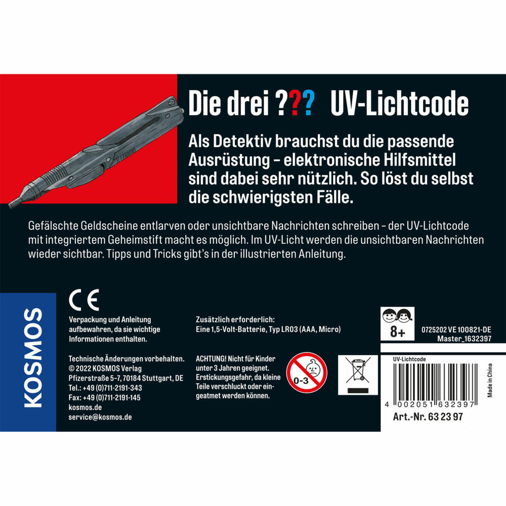 KOSMOS Die drei ??? UV-Lichtcode, UV-Lampe, Experimentierkasten, Detektivspiel, Kinder, ab 7 Jahren, 632397