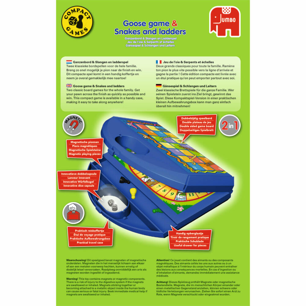 Jumbo Games Goose Game & Snakes and Ladders Compact Game, Ladder Game, Board Games, Travel Game, from 4 years, 12765