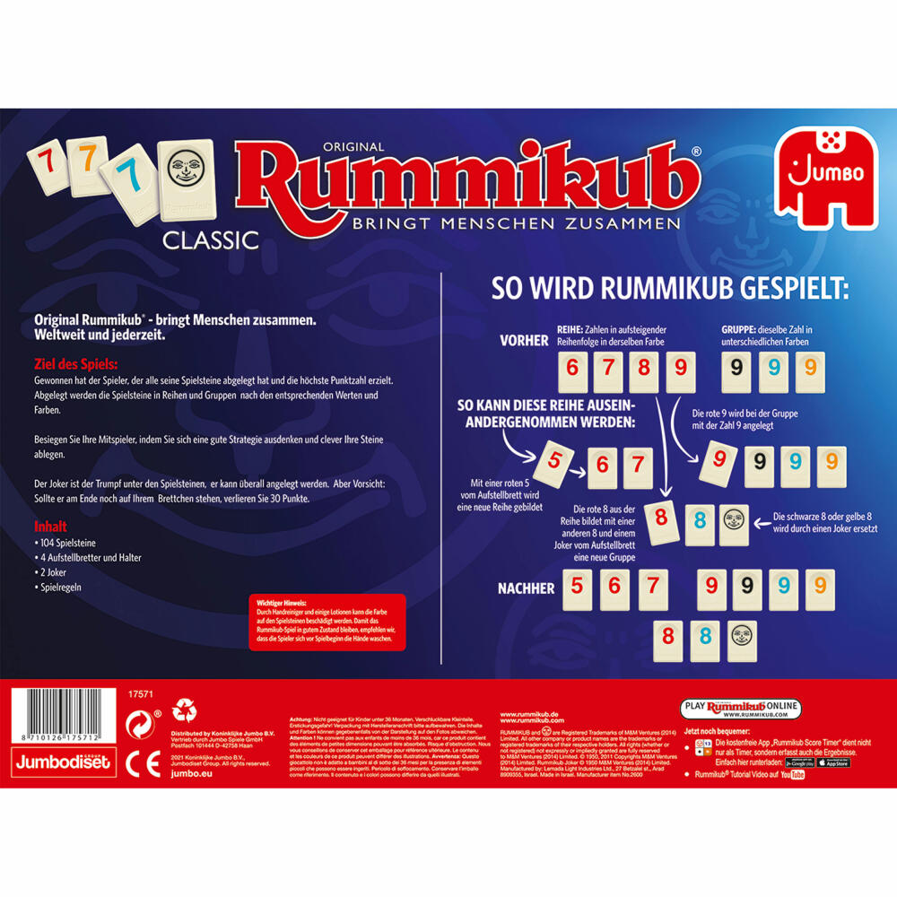 Jumbo Games Original Rummikub Classic, board game, family game, number placement game, 17571