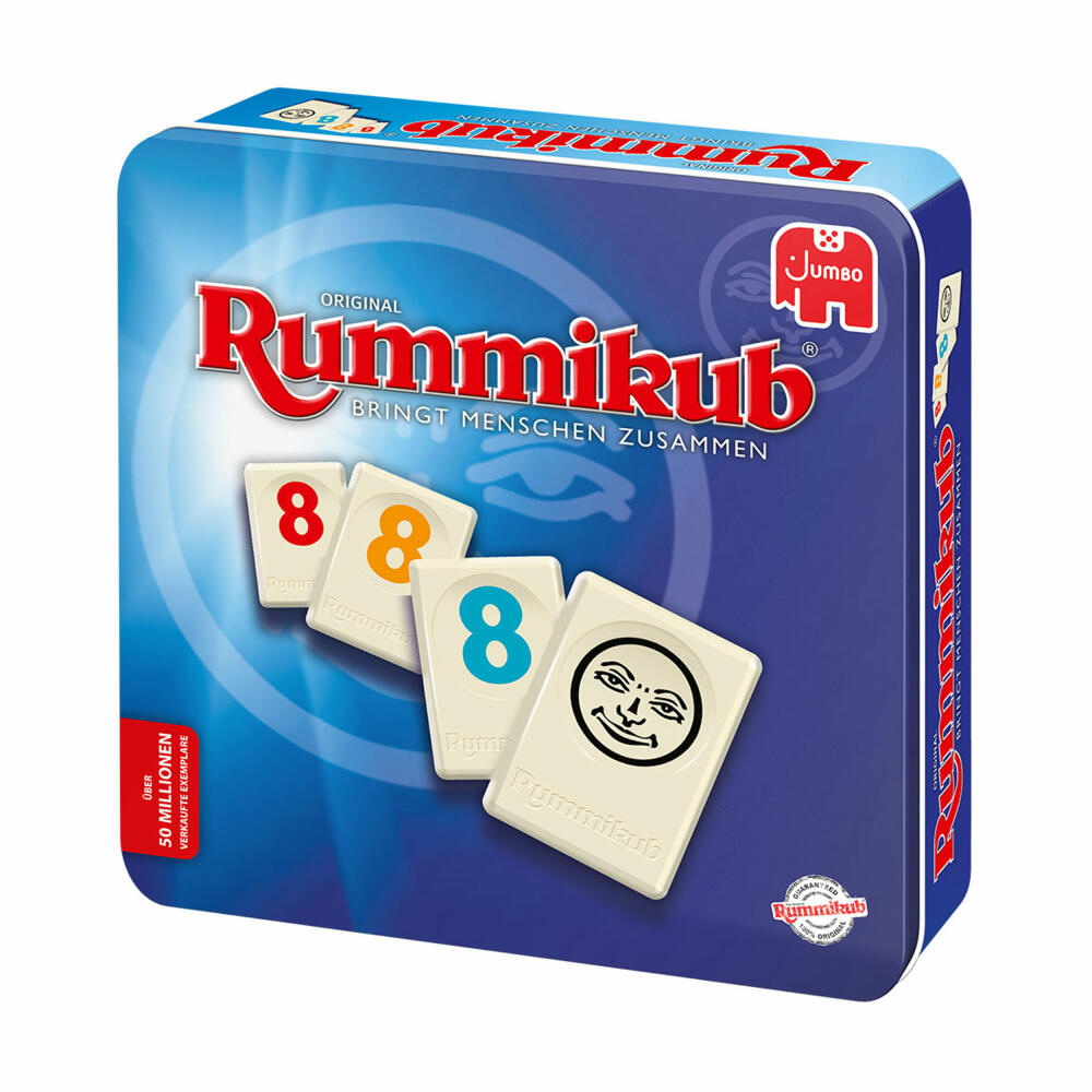 Jumbo Games Original Rummikub in metal tin, board game, family game, number placement game, 3973