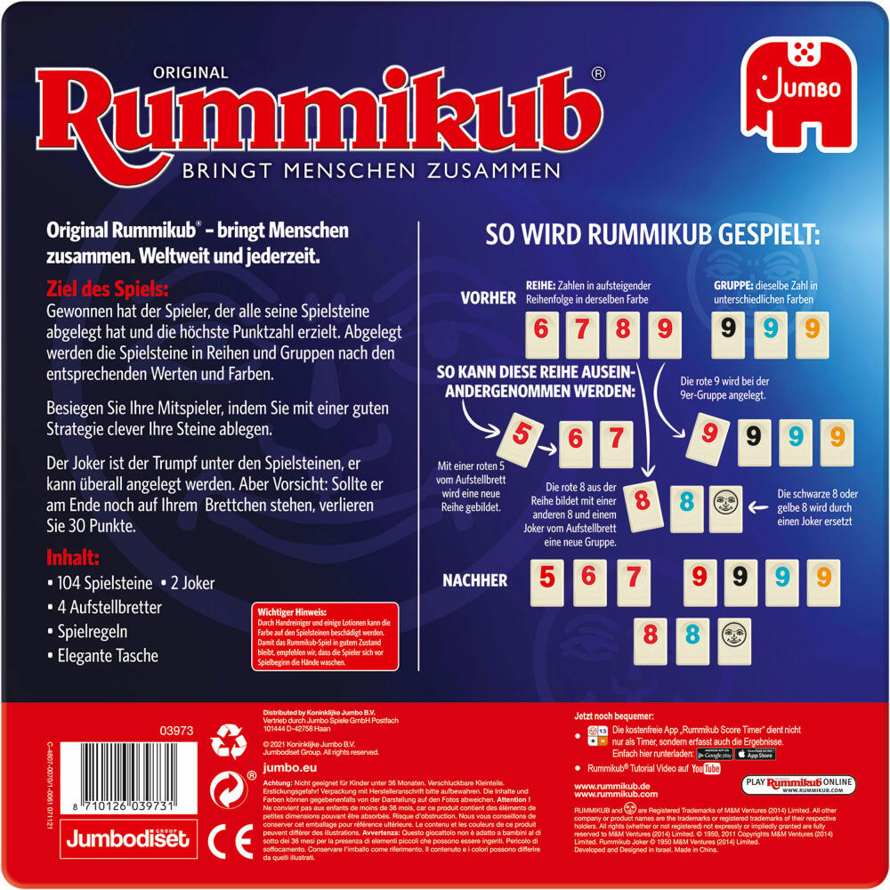 Jumbo Games Original Rummikub in metal tin, board game, family game, number placement game, 3973