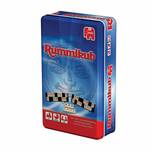 Jumbo Spiele Original Rummikub Kompakt in Metalldose, Reisepiel, Gesellschaftsspiel, Familienspiel, Zahlenablagespiel, 3817