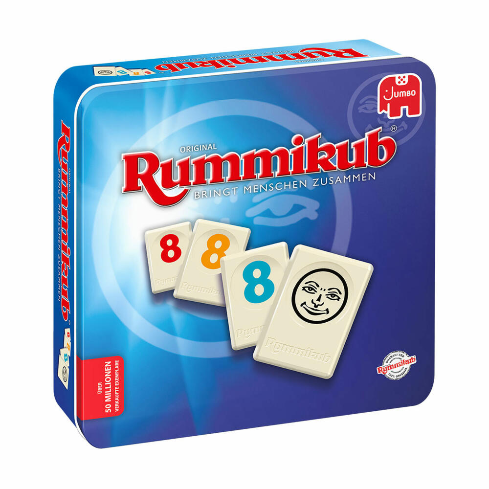 Jumbo Games Original Rummikub in metal tin, board game, family game, number placement game, 3973