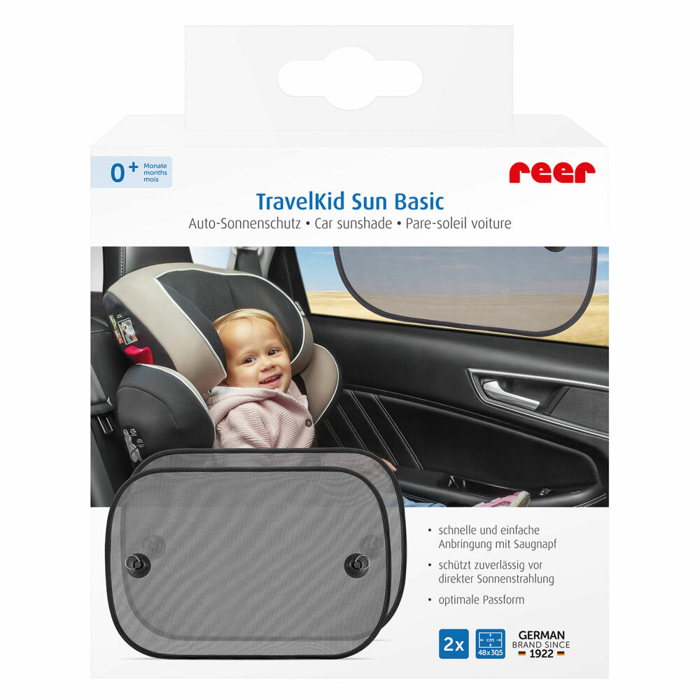 reer TravelKid Sun Basic Auto-Sonnenschutz, 2er Set, Sonnenschutz, Blendschutz, Sichtschutz, UV Schutz, Auto, 86141