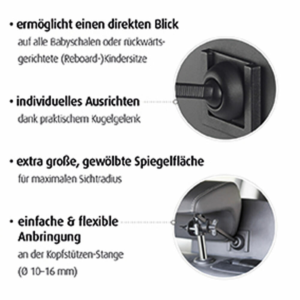 reer BabyView Auto-Sicherheitsspiegel, Baby-Rücksitzspiegel, Autospiegel, Rückspiegel, Baby, für Babyschalen und Reboarder-Kindersitze, 86031