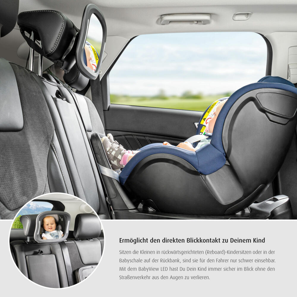 reer BabyView LED Auto-Sicherheitsspiegel, Baby-Rücksitzspiegel, Autospiegel, Rückspiegel, Baby, für Babyschalen und Reboarder-Kindersitze, mit Licht, 86101
