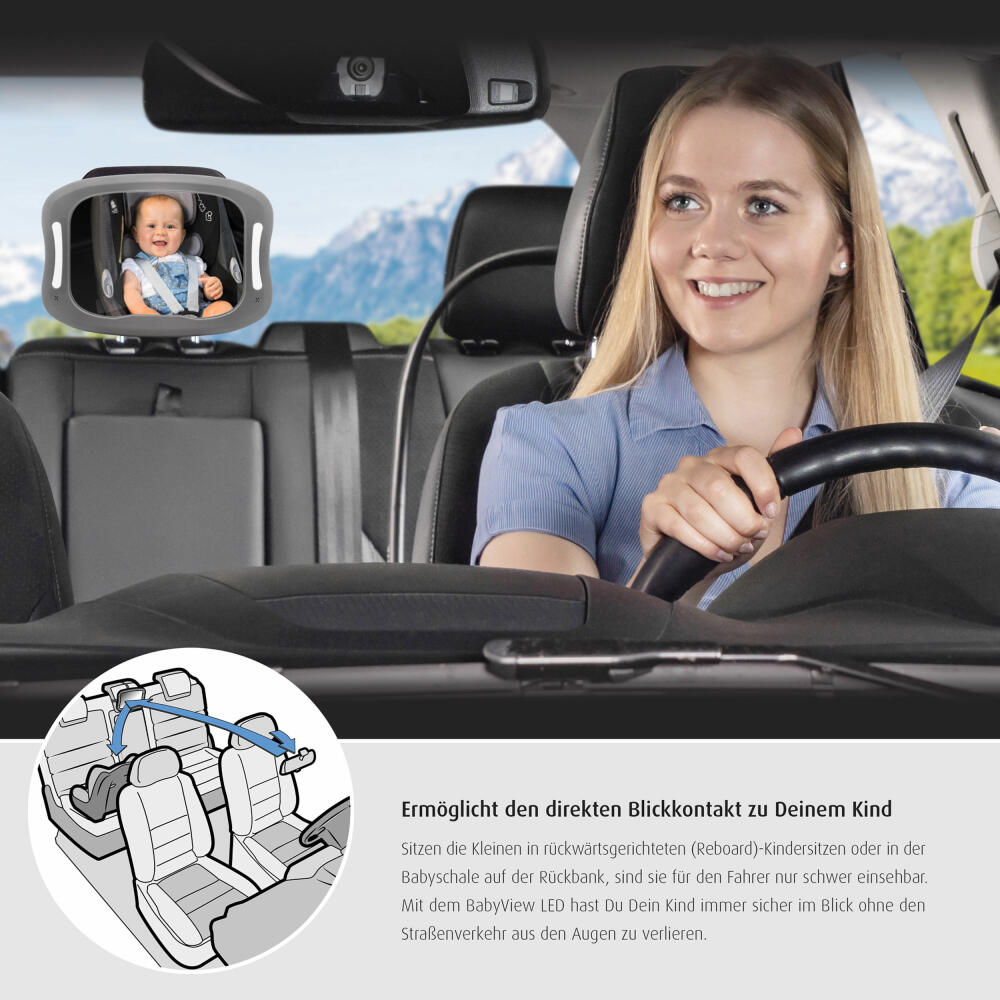 reer BabyView LED Auto-Sicherheitsspiegel, Baby-Rücksitzspiegel, Autospiegel, Rückspiegel, Baby, für Babyschalen und Reboarder-Kindersitze, mit Licht, 86101