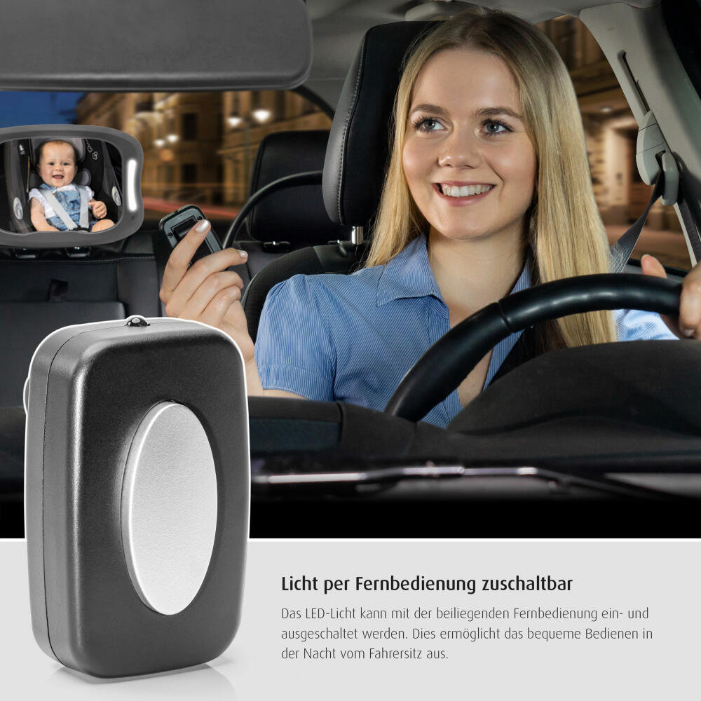 reer BabyView LED Auto-Sicherheitsspiegel, Baby-Rücksitzspiegel, Autospiegel, Rückspiegel, Baby, für Babyschalen und Reboarder-Kindersitze, mit Licht, 86101