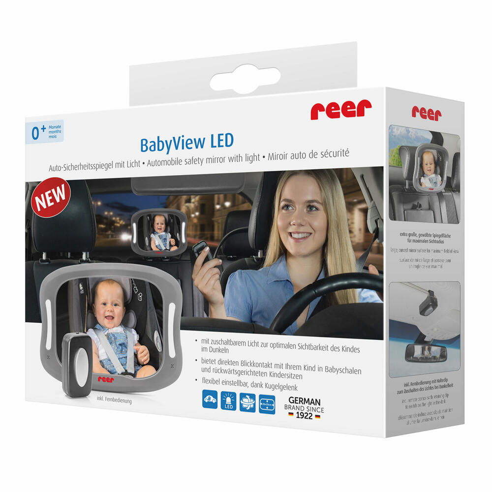 reer BabyView LED Auto-Sicherheitsspiegel, Baby-Rücksitzspiegel, Autospiegel, Rückspiegel, Baby, für Babyschalen und Reboarder-Kindersitze, mit Licht, 86101