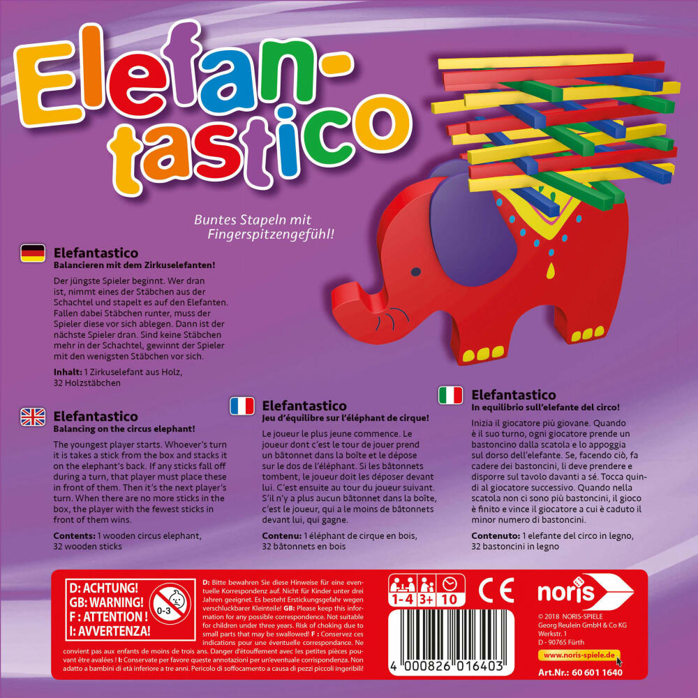 Noris Elefantastico, Geschicklichkeitsspiel, Stapelspiel, Legespiel, Kinder, Spiel, 606011640