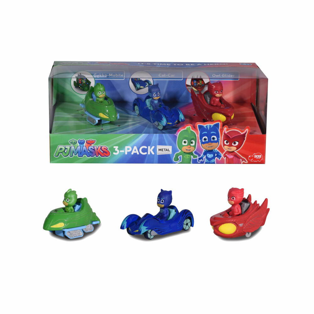 Dickie Toys PJ Masks pack of 3, Cat Car, Owl Glider, Gekko Mobile, Owlette, Catboy, Gekko, toy car, 203143000