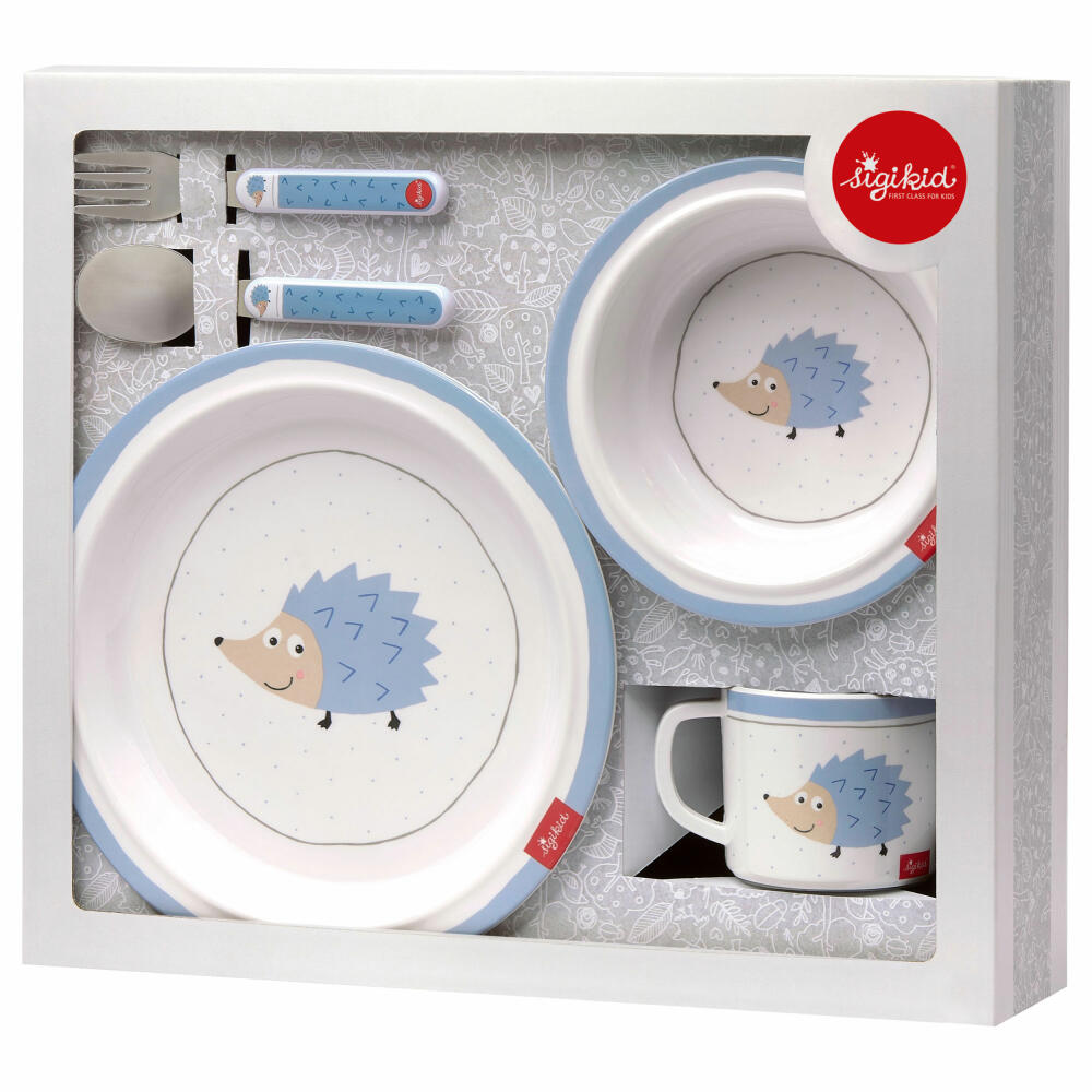 sigikid Melamine Set Hedgehog, 5-pcs., Plate, Cup, Fork, Spoon, Bowl, Cutlery, Children, Blue, 24981
