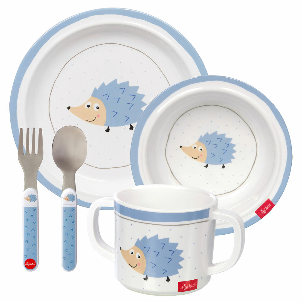 sigikid Melamine Set Hedgehog, 5-pcs., Plate, Cup, Fork, Spoon, Bowl, Cutlery, Children, Blue, 24981