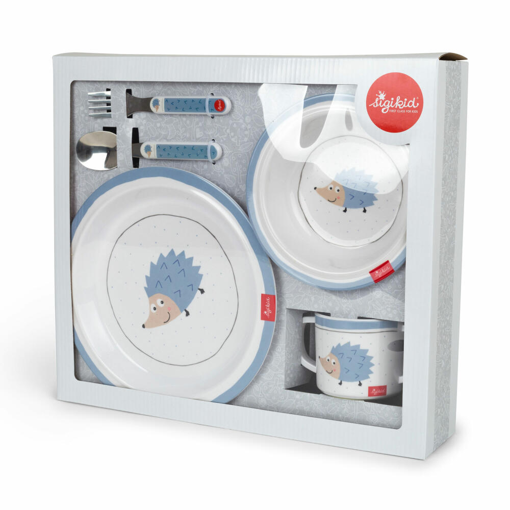 sigikid Melamine Set Hedgehog, 5-pcs., Plate, Cup, Fork, Spoon, Bowl, Cutlery, Children, Blue, 24981