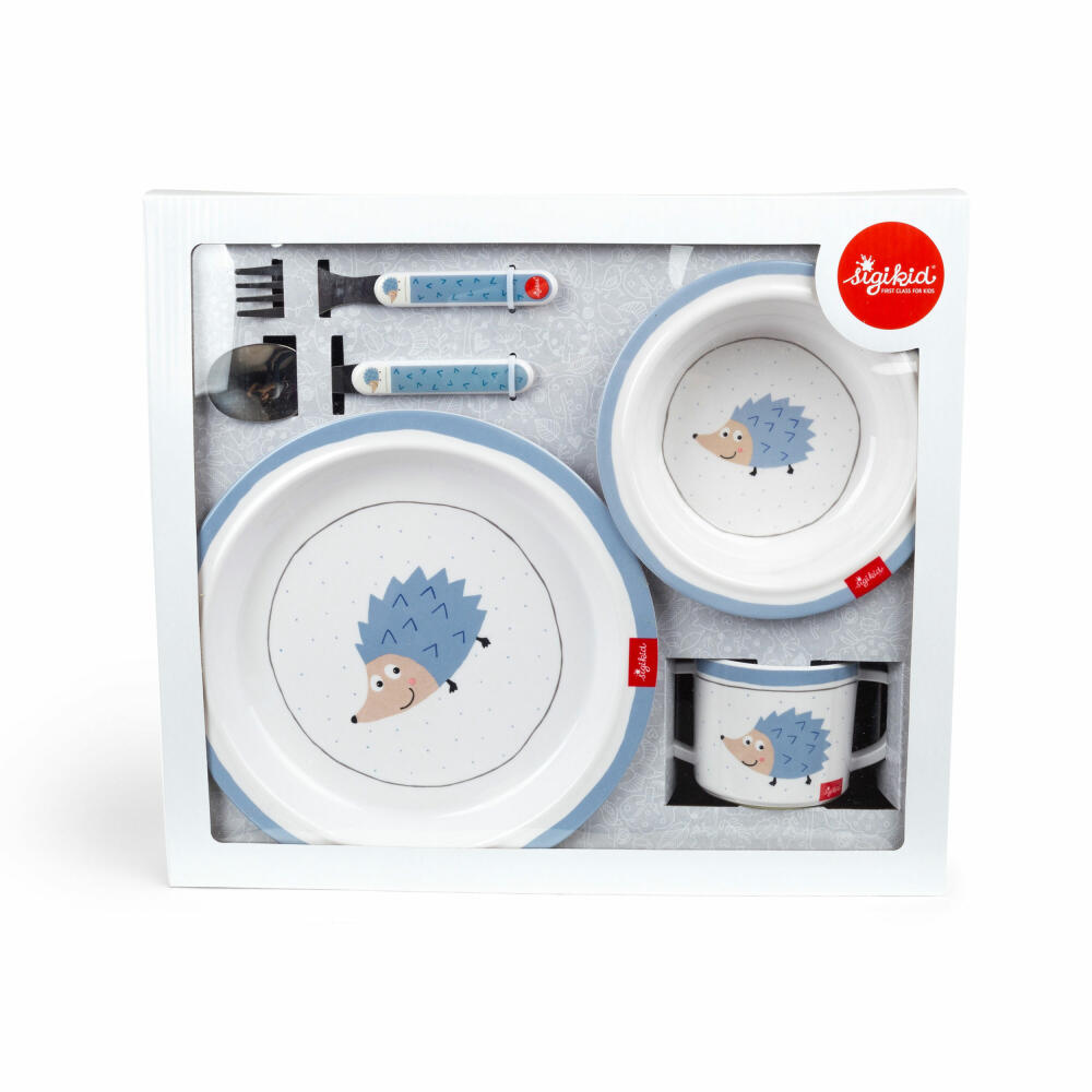 sigikid Melamine Set Hedgehog, 5-pcs., Plate, Cup, Fork, Spoon, Bowl, Cutlery, Children, Blue, 24981
