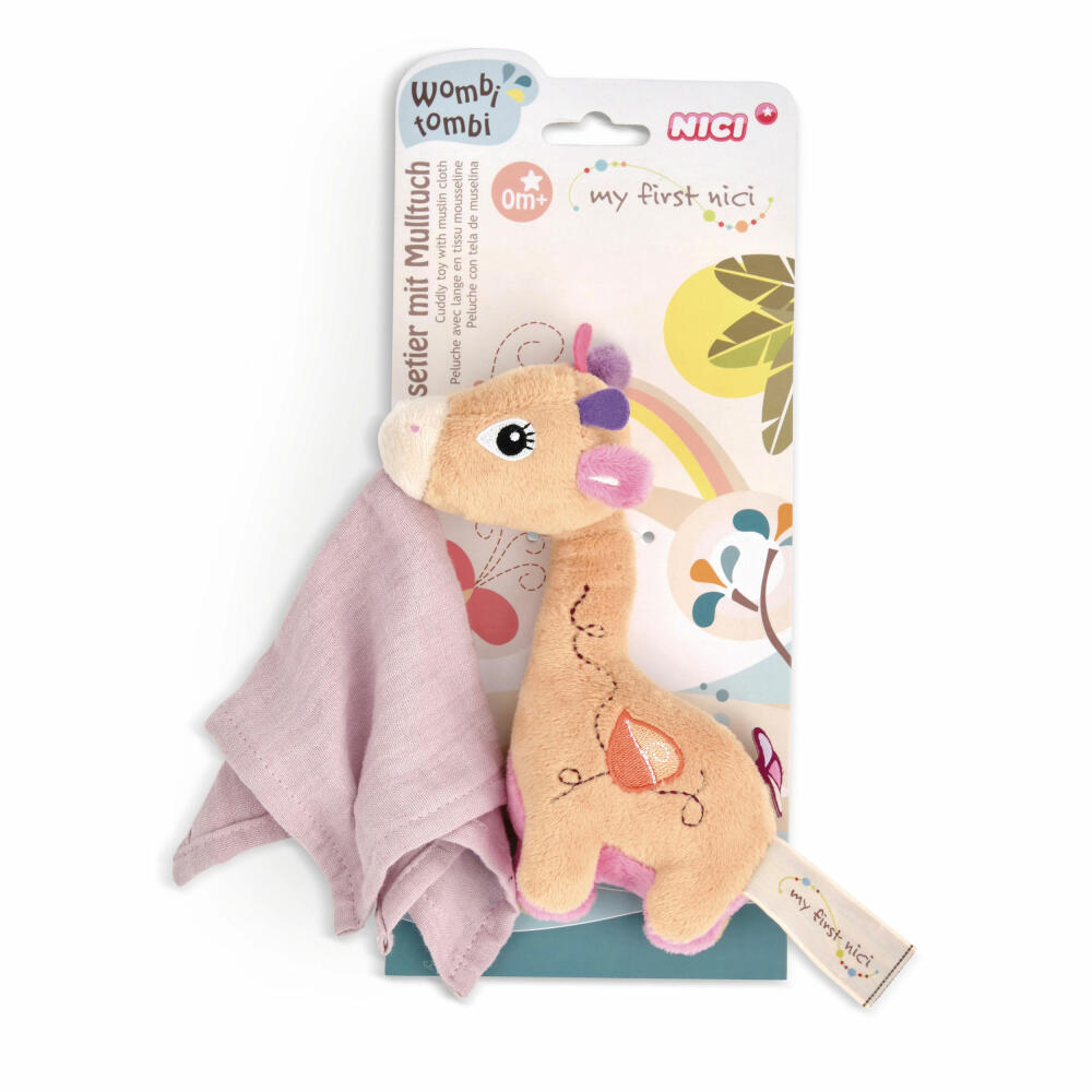 NICI My First NICI cuddly toy giraffe Sasuma 3D with muslin cloth, soft toy, plush toy, stuffed toy, cotton / polyester, 16 cm, 48037