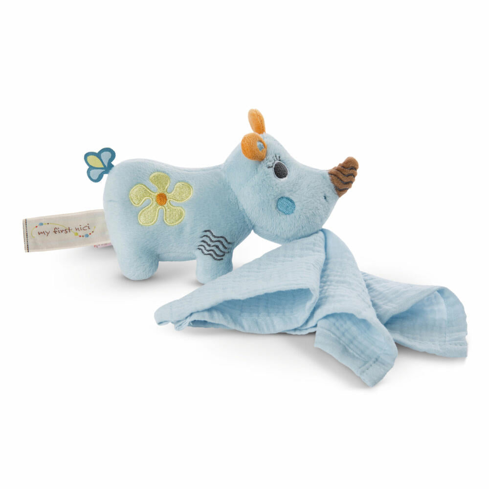 NICI My First NICI cuddly toy rhinoceros Manuffi 3D with muslin cloth, soft toy, plush toy, stuffed toy, cotton / polyester, 13 cm, 48038