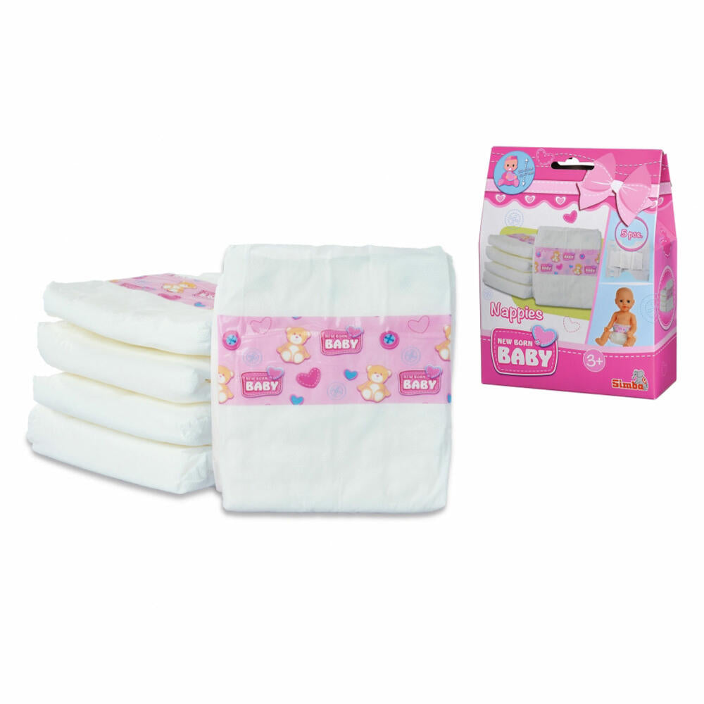 Simba New Born Baby 5 Diapers, Replacement Diapers, Doll Accessories, Toys, for Dolls 38 to 43 cm, 5 Pieces, 105560019