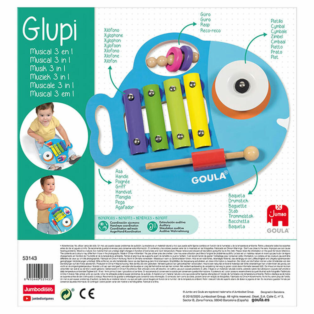 Jumbo Games GOULA Glupi Music 3 in 1, Xylophone, Rattle, Cymbal, Instrument, Children, Wood, 53143