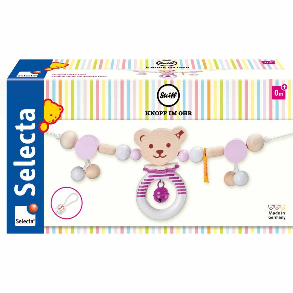 Selecta Steiff Cart Chain, Pram Chain, Stroller Chain, Baby Toy, Pink, 63 cm, 64304