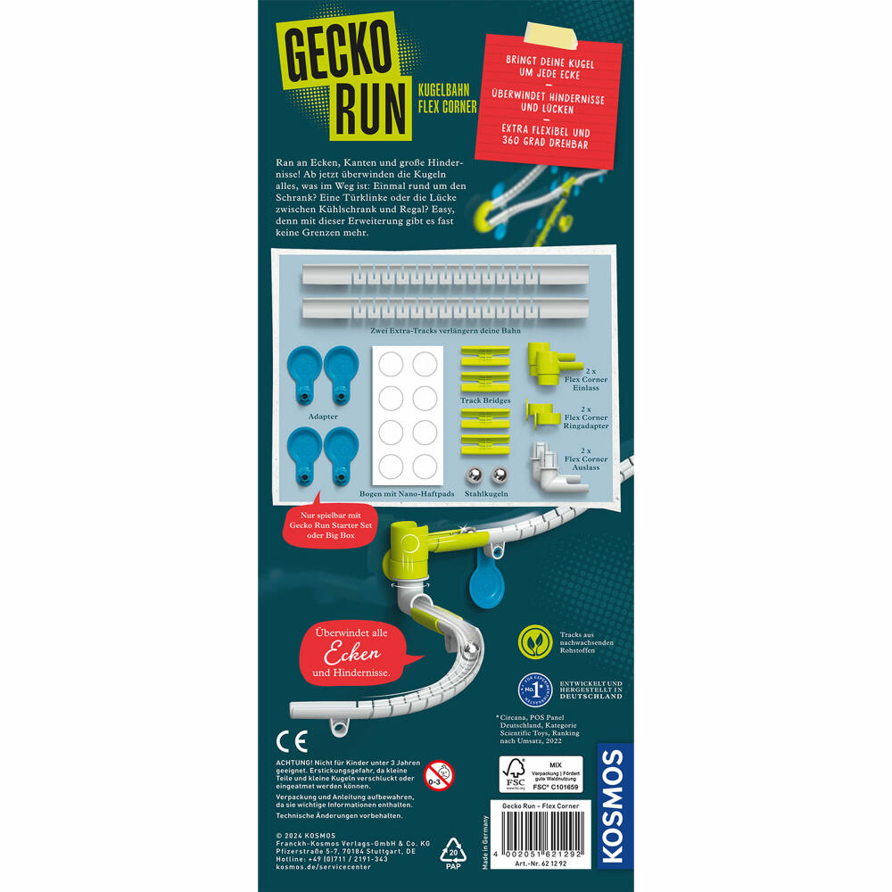 KOSMOS Gecko Run Flex Corner Extension, Addition, Marble Run, Accessories, from 8 years, 621292
