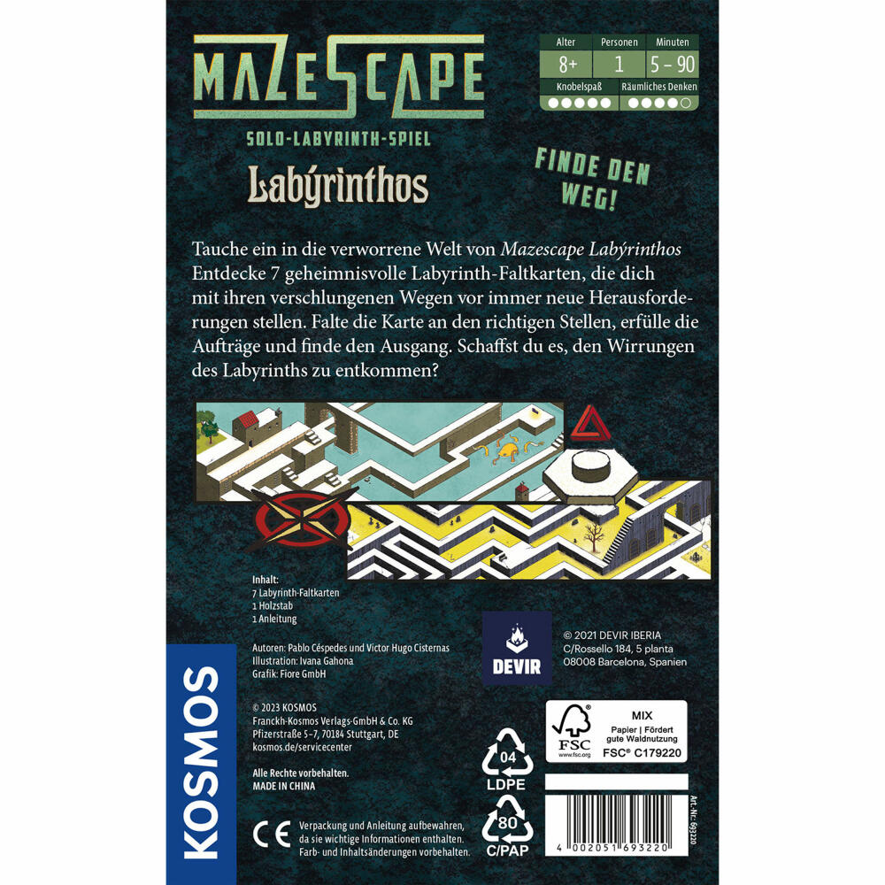 KOSMOS Mazescape Labyrinthos, Labyrinth-Spiel, Knobelspiel, Solo-Spiel, ab 8 Jahren, 693220