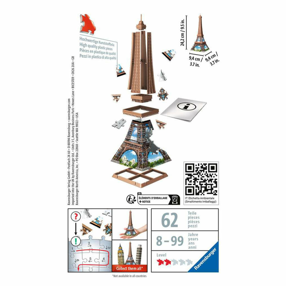 Ravensburger 3D Puzzle Mini Eiffel Tower, three-dimensional puzzle, 54 pieces, 12536