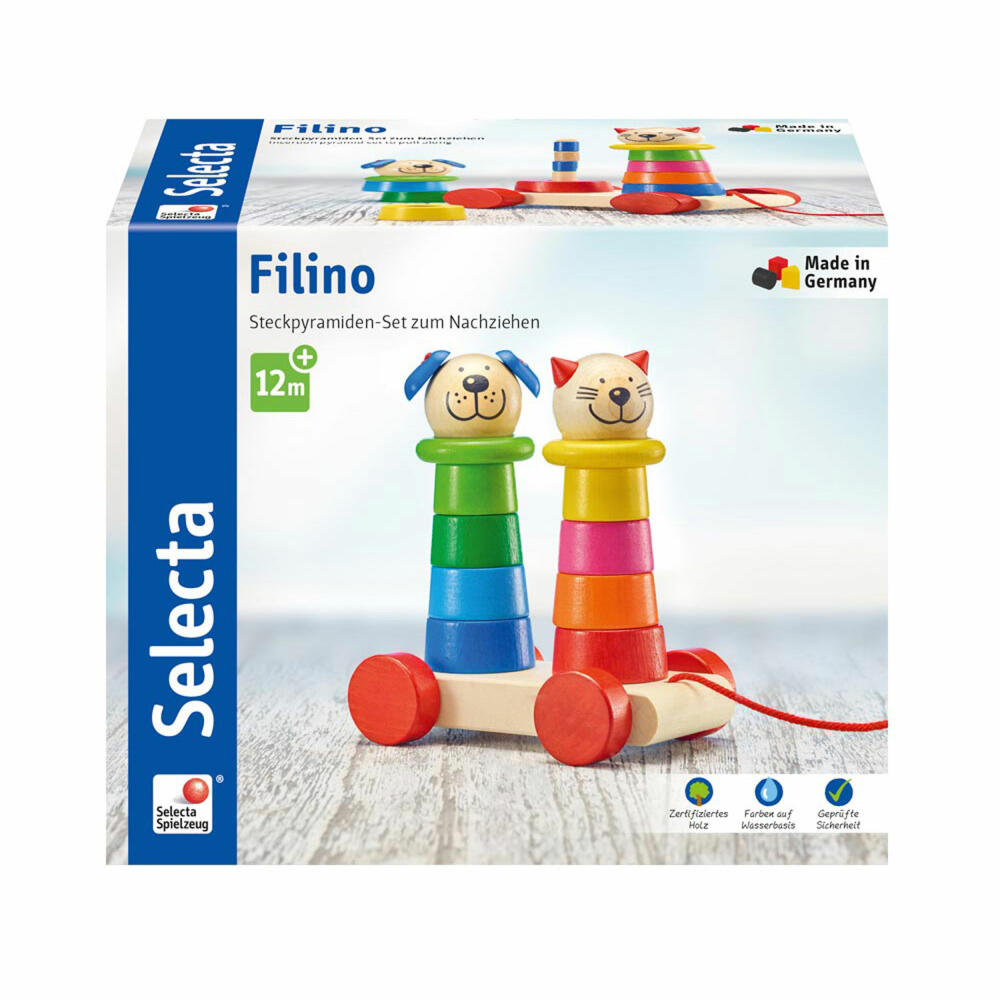 Selecta Spielzeug Filino pull-along + stack, push toy, toddler game, toddler toy, wood, 15 cm, 62018