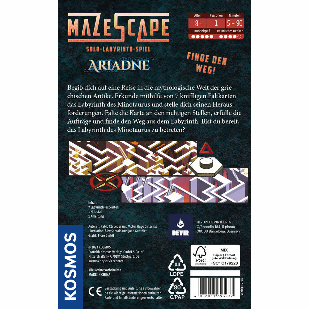 KOSMOS Mazescape Ariadne, Labyrinth-Spiel, Knobelspiel, Solo-Spiel, ab 8 Jahren, 693237