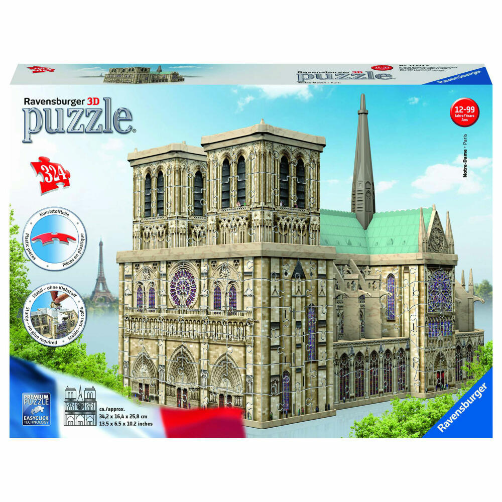 Ravensburger 3D Puzzle Bauwerke Notre Dame de Paris, Kinderpuzzle, Erwachsenenpuzzle, Puzzles, Easy Click Technology, 324 Teile, 12523
