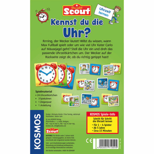 KOSMOS Kinderspiele Scout Kennst du die Uhr?, Karten Spiel für Kinder, Uhrzeit lernen, ab 5 Jahren, 710545