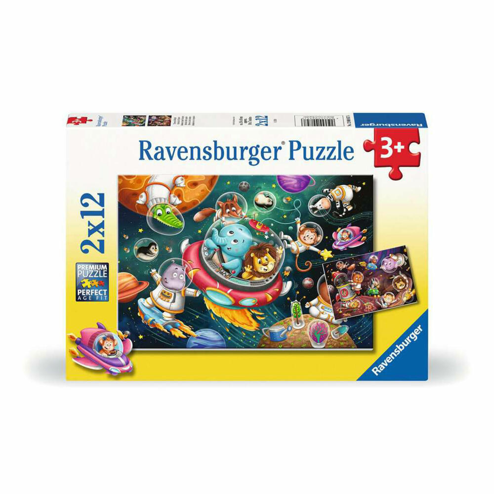 Ravensburger Animals in Space, 2 x 12 pieces, children's puzzle, children's puzzle, from 3 years, 12000857