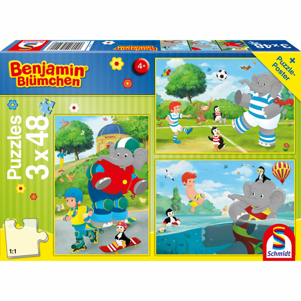 Schmidt Spiele Benjamin Blümchen Sport und Spiel mit Törööö!, Kinderpuzzle, Kinder Puzzle, Kinderpuzzles, 3 x 48 Teile, 56401