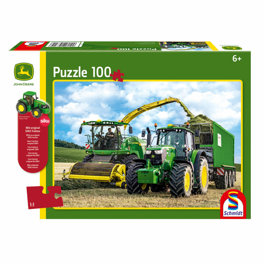 Schmidt Spiele John Deere Tractor 6195M and Forage Harvester 8500i, 100 pieces, Children's Puzzle, Children's Puzzle, Plug-in Puzzle, 56315