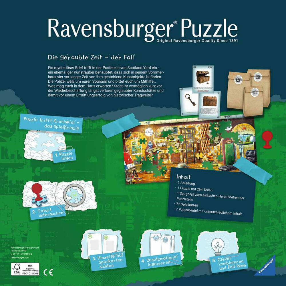 Ravensburger Puzzle X Crime Kids: Die geraubte Zeit, 264 Teile, Puzzle-Krimispiel, Kinder, ab 9 Jahre, 13393