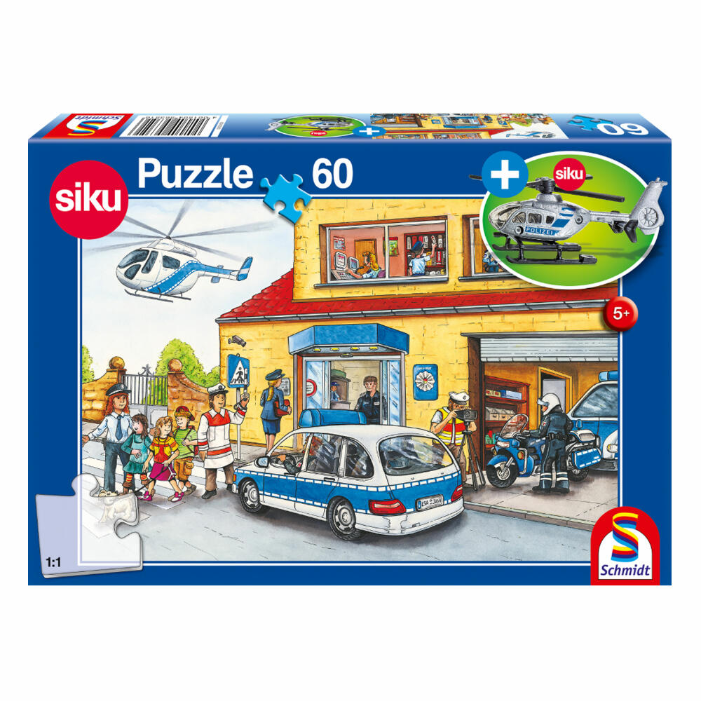 Schmidt Spiele Puzzle Police Station, Children's Puzzle, with Siku Police Helicopter, 60 Pieces, 56351