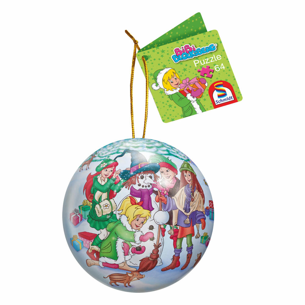 Schmidt Spiele Christmas Ball Bib Blocksberg Snowman, Puzzle in Ball Box, 64 Pieces, Christmas, 56334