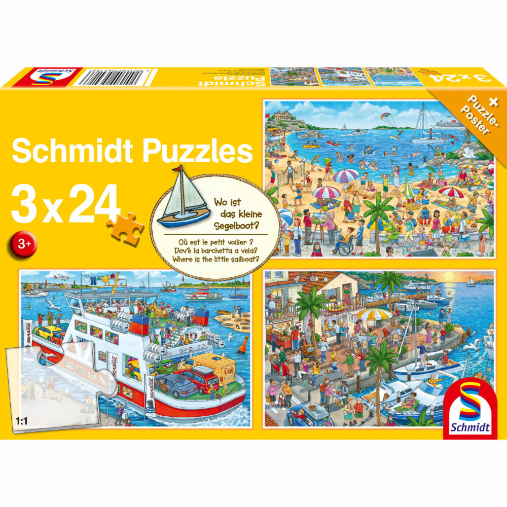 Schmidt Spiele Wo ist das kleine Segelboot?, Kinderpuzzle, Kinder Puzzle, Kinderpuzzles, 3 x 24 Teile, 56418