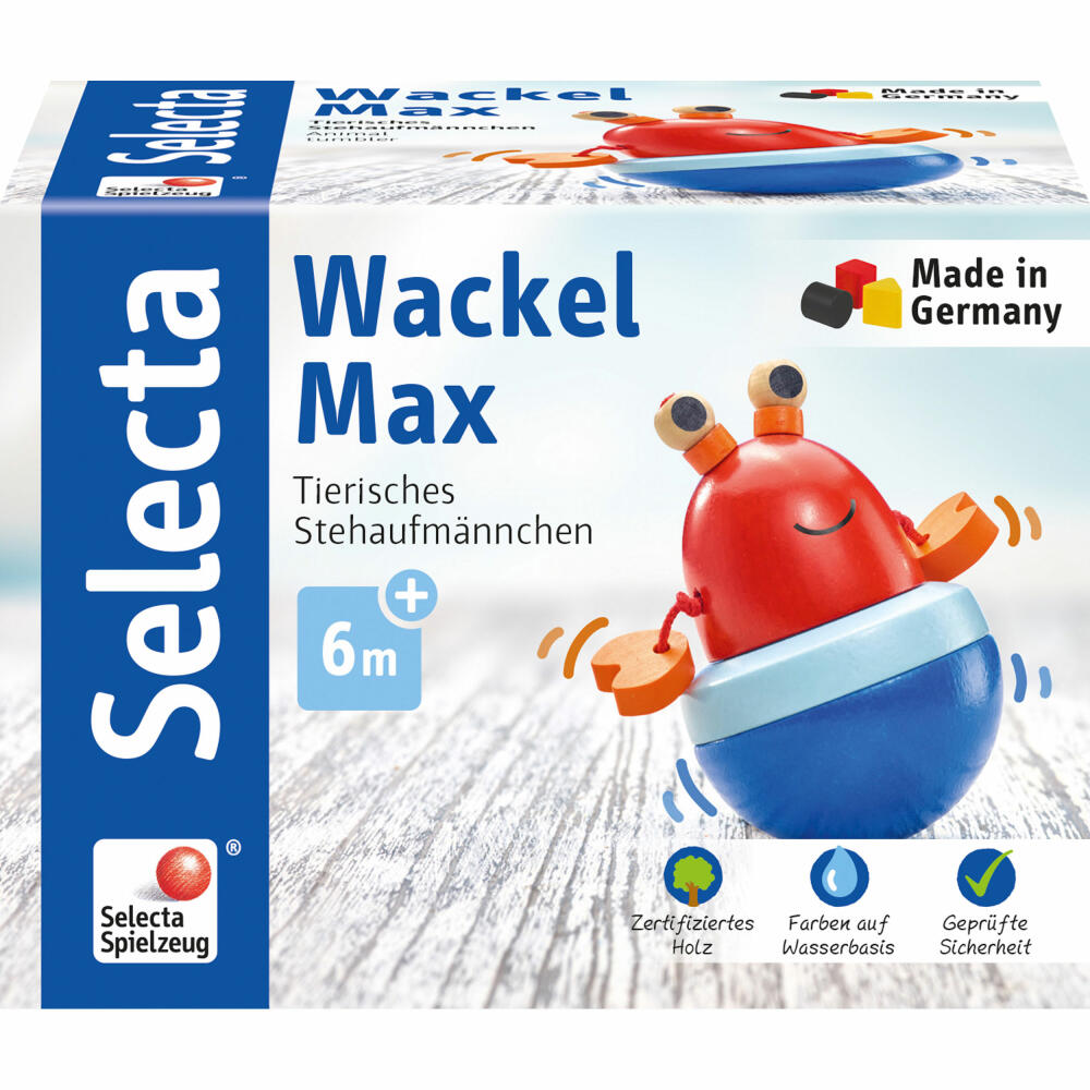 Selecta Babywelt Wackel Max, Stehaufmännchen, Stehauf Männchen, Spielzeug, Baby, Holz, 13 cm, 61066