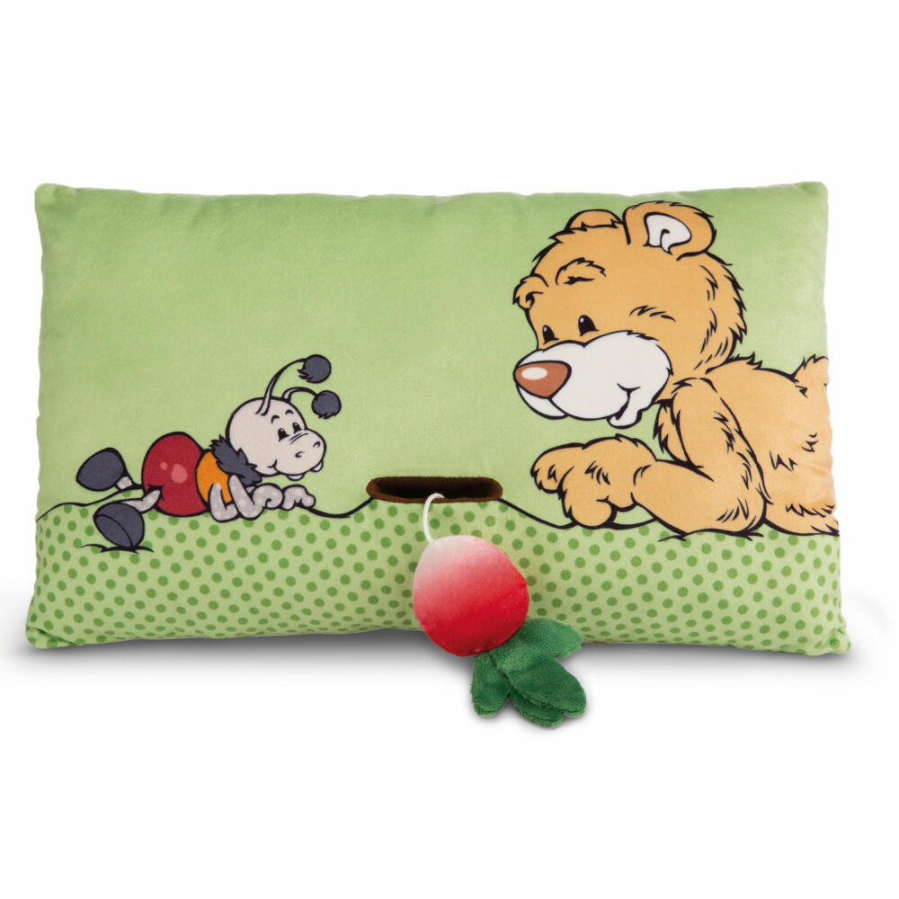 NICI Green Classic Bear Pillow Bear Mielo with 2D Radishes, Pillow, Cuddly Pillow, Decorative Pillow, 43 x 25 cm, 49449