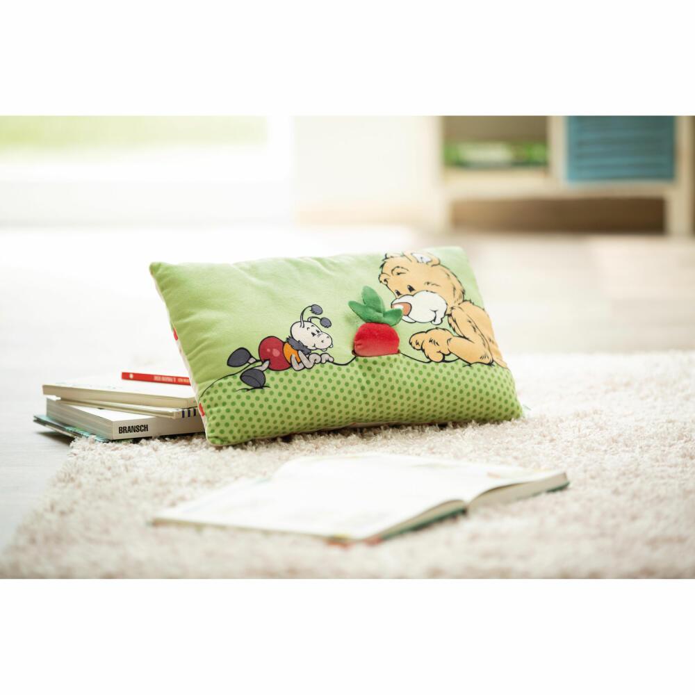 NICI Green Classic Bear Pillow Bear Mielo with 2D Radishes, Pillow, Cuddly Pillow, Decorative Pillow, 43 x 25 cm, 49449